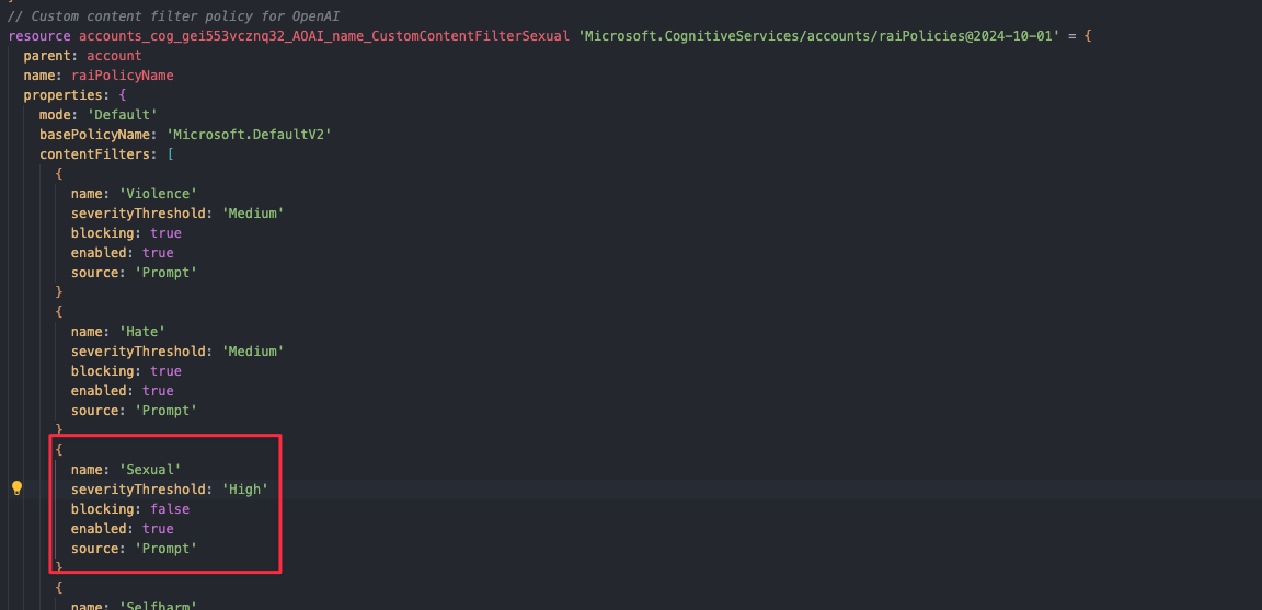 Content filter in Bicep